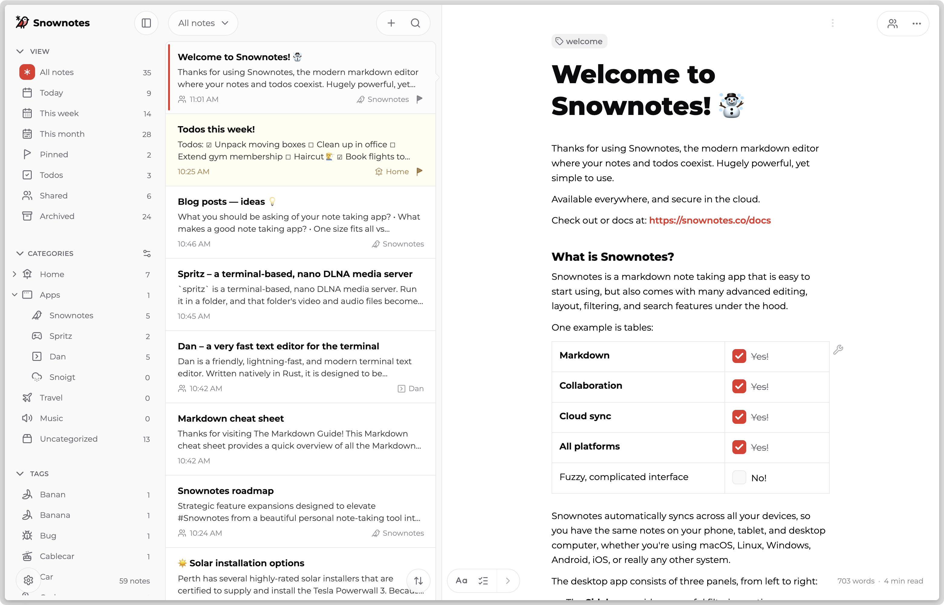 Screenshot of Snownotes